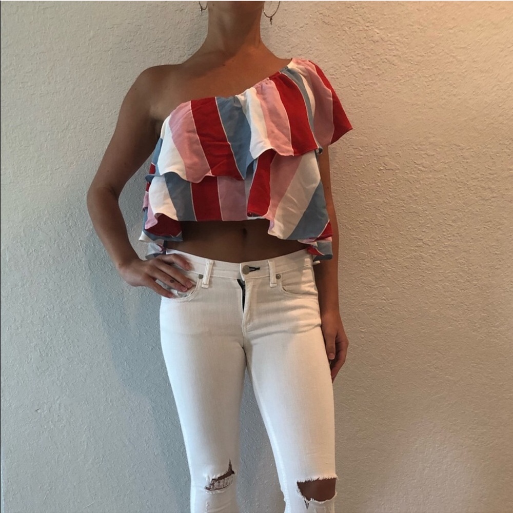 NEW! Striped & Ruffled One-Shouldered Top - Picture 6 of 6
